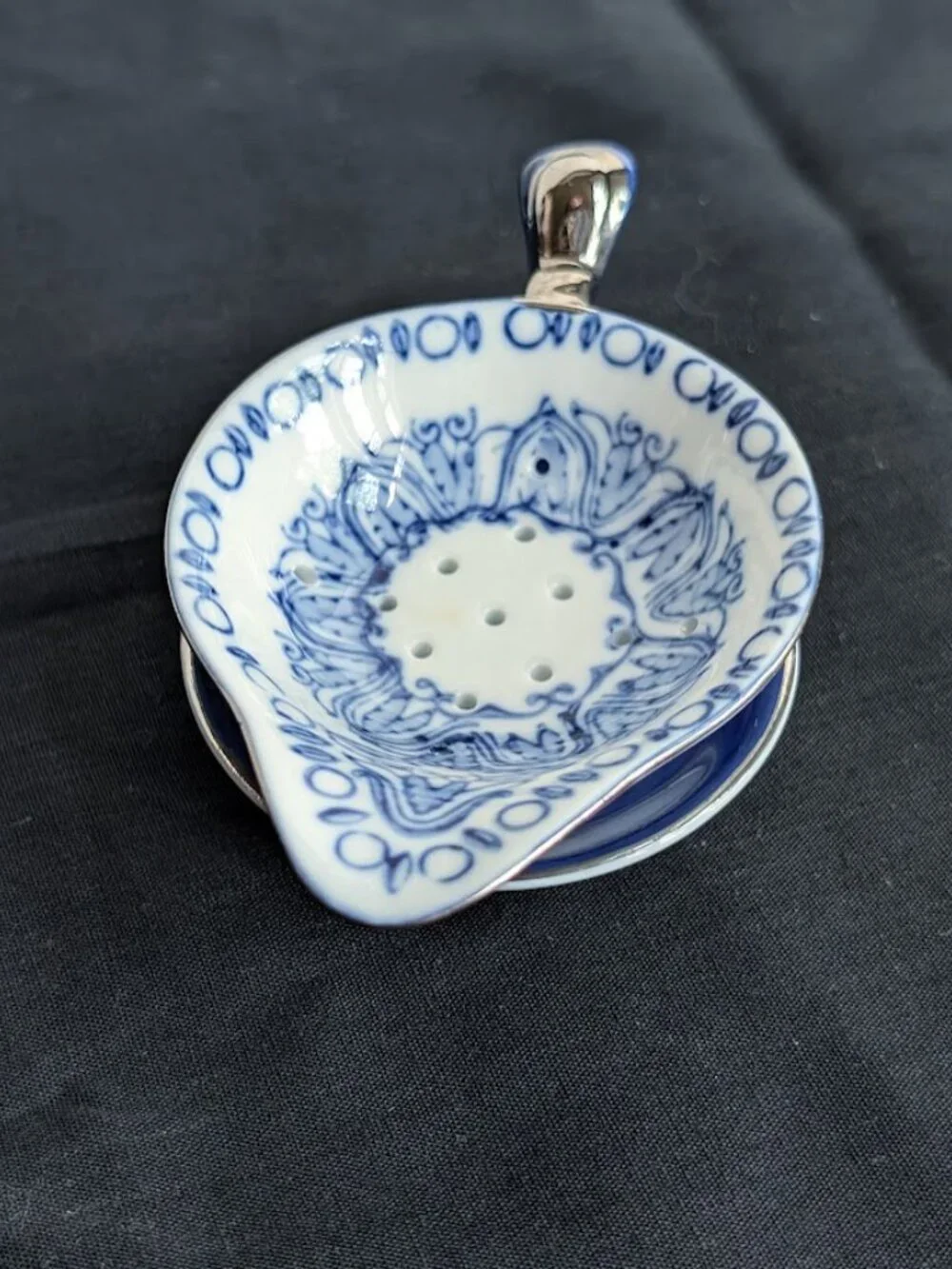 Vintage Bombay Company Blue & White Porcelain Tea Strainer with Drip Bowl